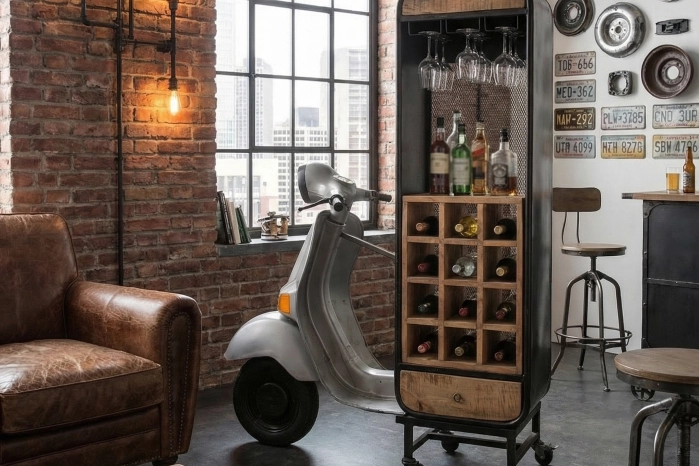 Barek na Wino Vespa 120x60x160 cm – Regał Industrialny Loft z Półkami i Stojakiem na Wino