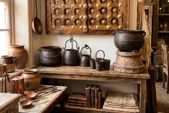 Rustykalna ekspozycja z żeliwnymi garnkami, miedzianymi naczyniami i drewnianymi meblami w stylu vintage.