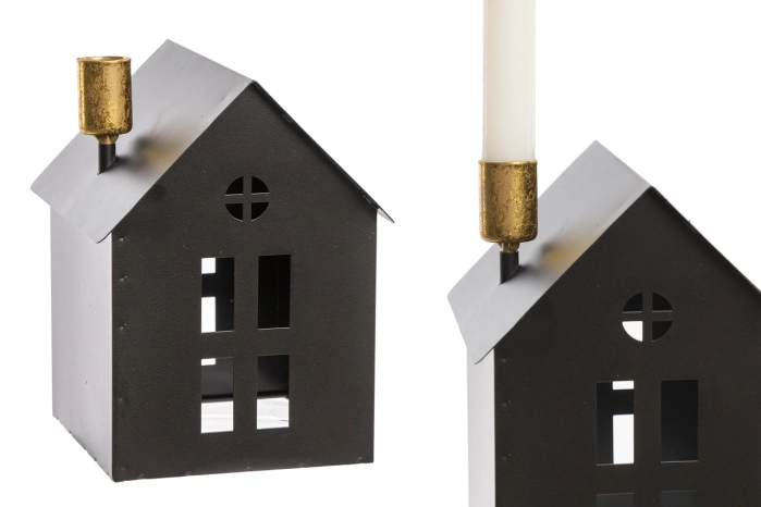 Lampion metalowy domek czarny ze złotym kominem H17,5cm (12 szt)