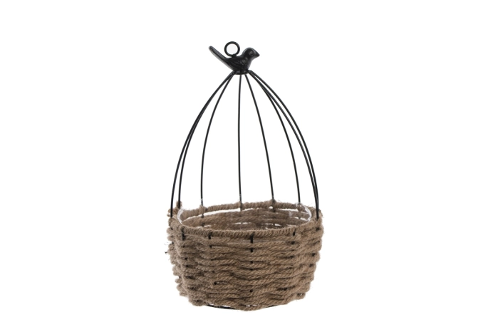 Czarna klatka dekoracyjna z koszem jutowym 30 cm, wisząca lub stojąca osłonka na kwiaty w stylu boho i rustykalnym.
