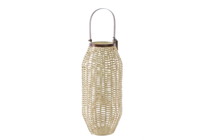 Metalowy lampion dekoracyjny boho 63 cm z uchwytem i ażurową konstrukcją inspirowaną plecionką