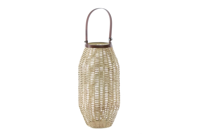 Metalowy lampion dekoracyjny boho 58 cm z uchwytem i ażurową konstrukcją inspirowaną plecionką