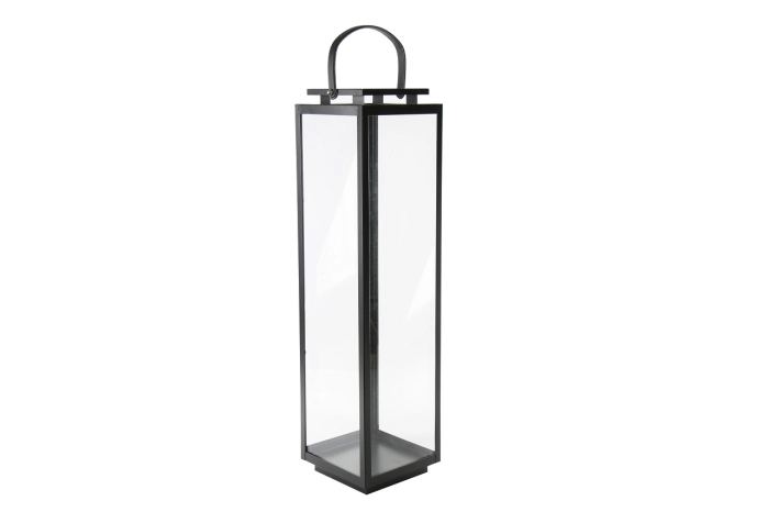 Metalowy lampion dekoracyjny loft czarny 93 cm z dużymi szklanymi panelami i metalowym uchwytem