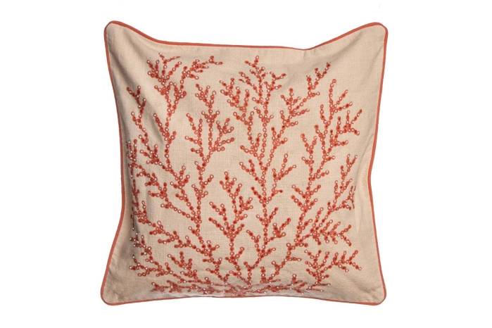 Pomarańczowo-kremowa poszewka bawełniana boho z dekoracyjnym haftem 45x45 cm