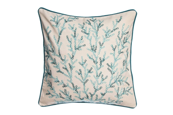Poszewka dekoracyjna bawełniana turkusowa 45x45 cm z haftem inspirowanym koralowcami w stylu marynarskim