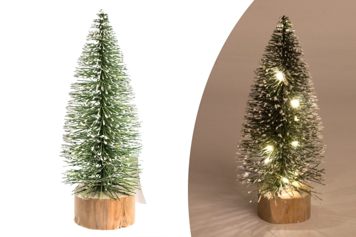 Choinka na pieńku 20cm zielona z białym śniegiem + światła led   (24/96 szt)