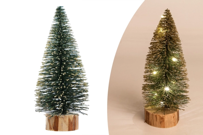 Choinka na pieńku 25cm zielona ze złotym śniegiem + światła led  (18/72 szt)