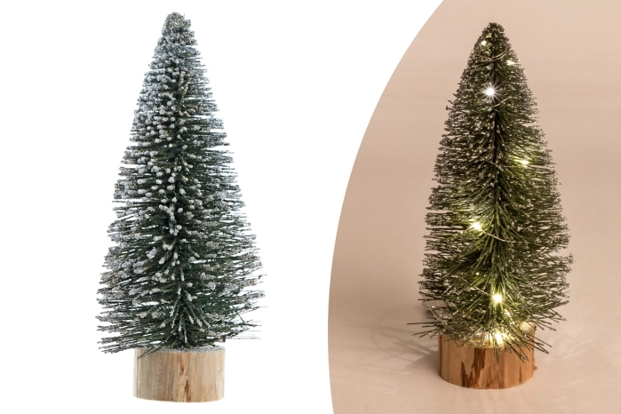 Choinka na pieńku 25cm zielona ze srebrnym śniegiem + światła led  (18/72 szt)